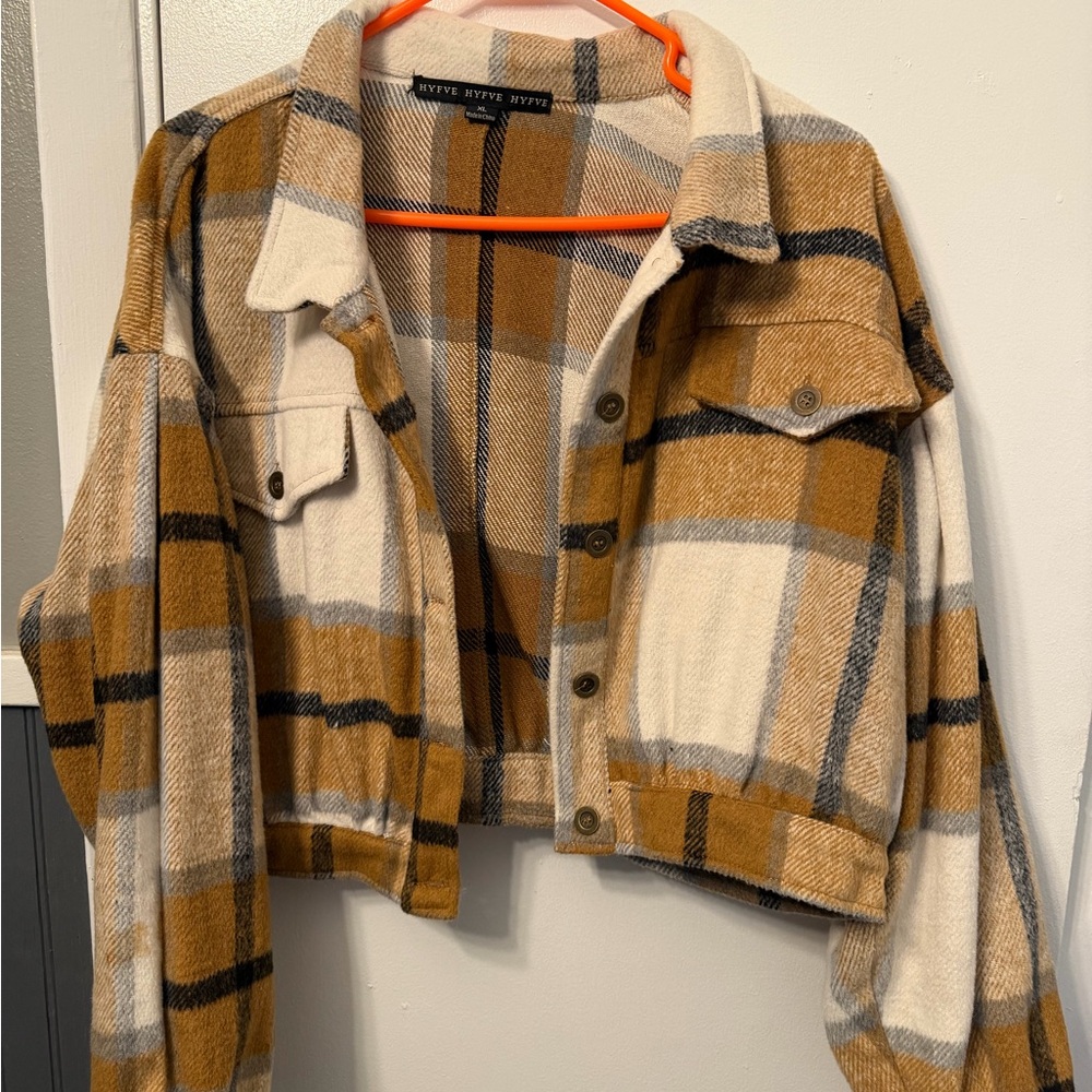 HYFVE Mustard & Cream Plaid Cropped Shacket